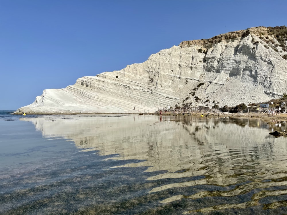 a body of water with a mountain in the background