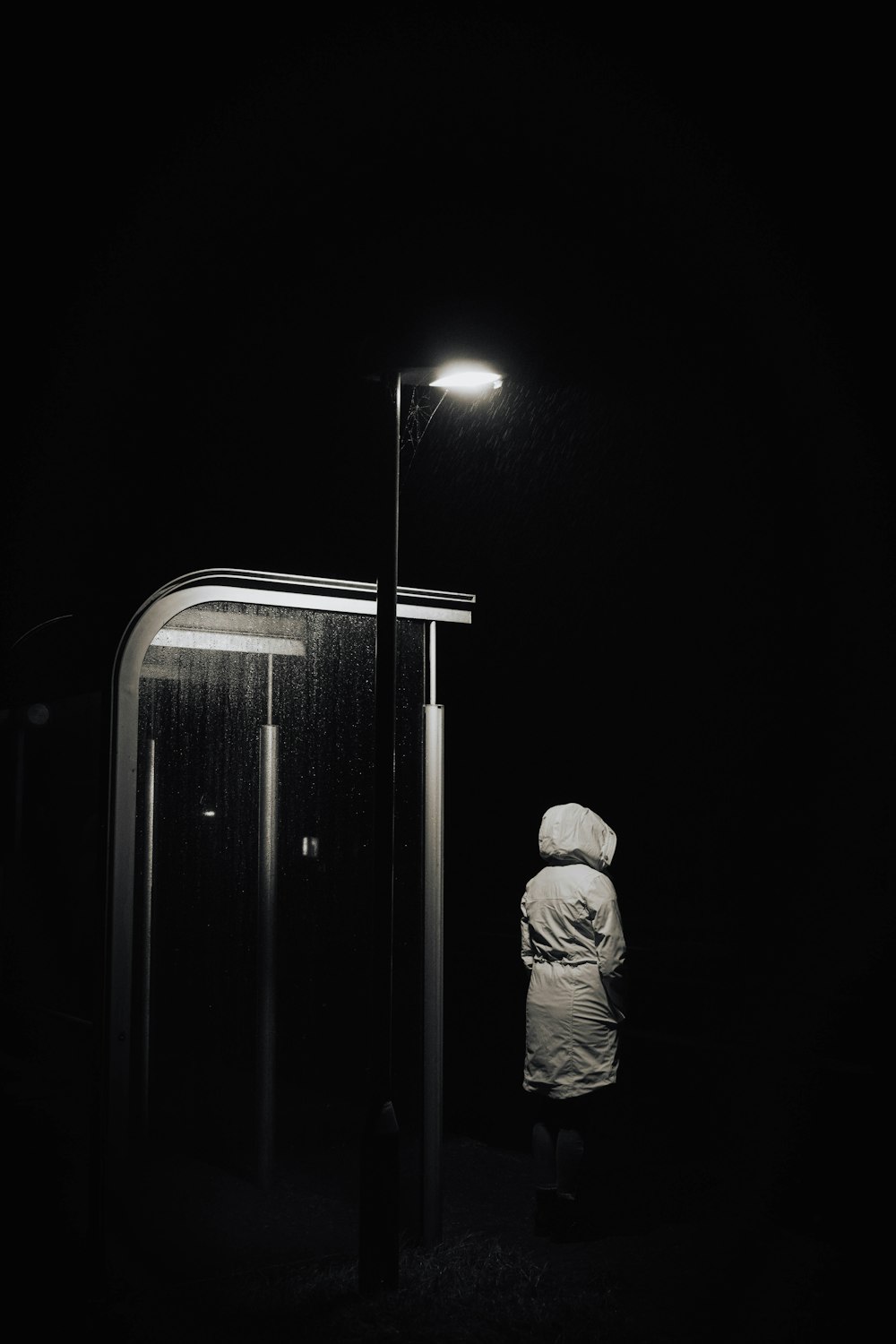 a person standing in the rain at night under a street light