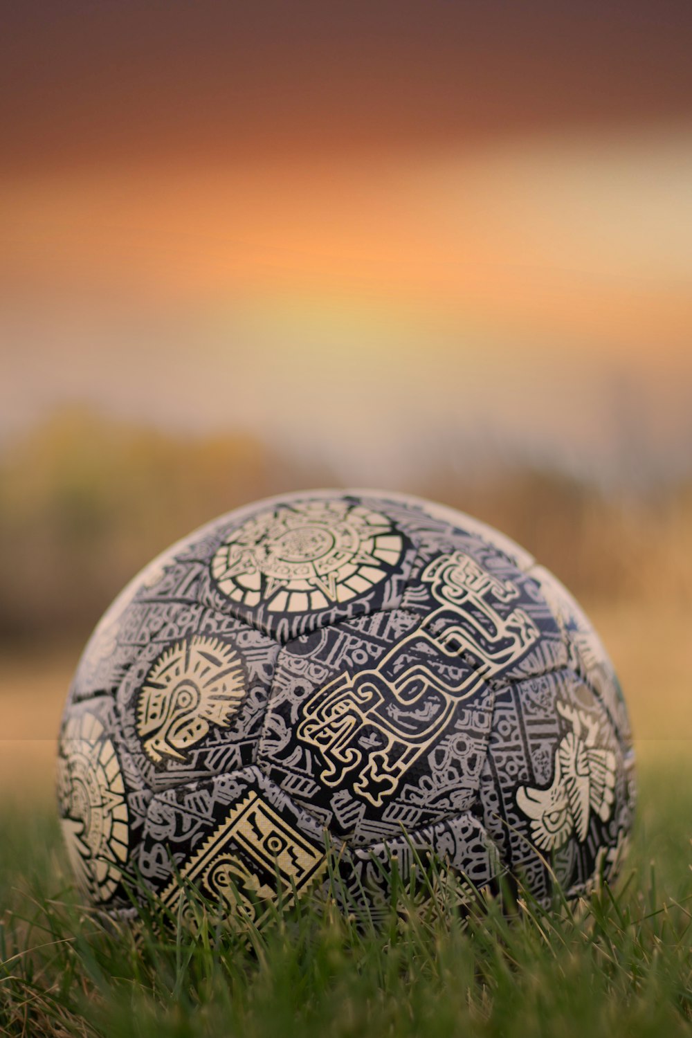 a soccer ball sitting on top of a lush green field