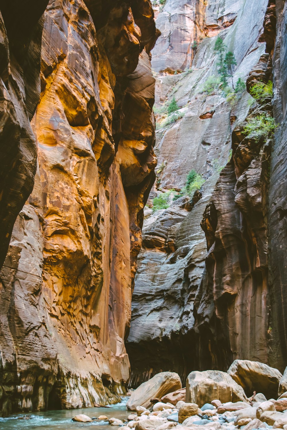 Un uomo in piedi nel mezzo di uno stretto canyon