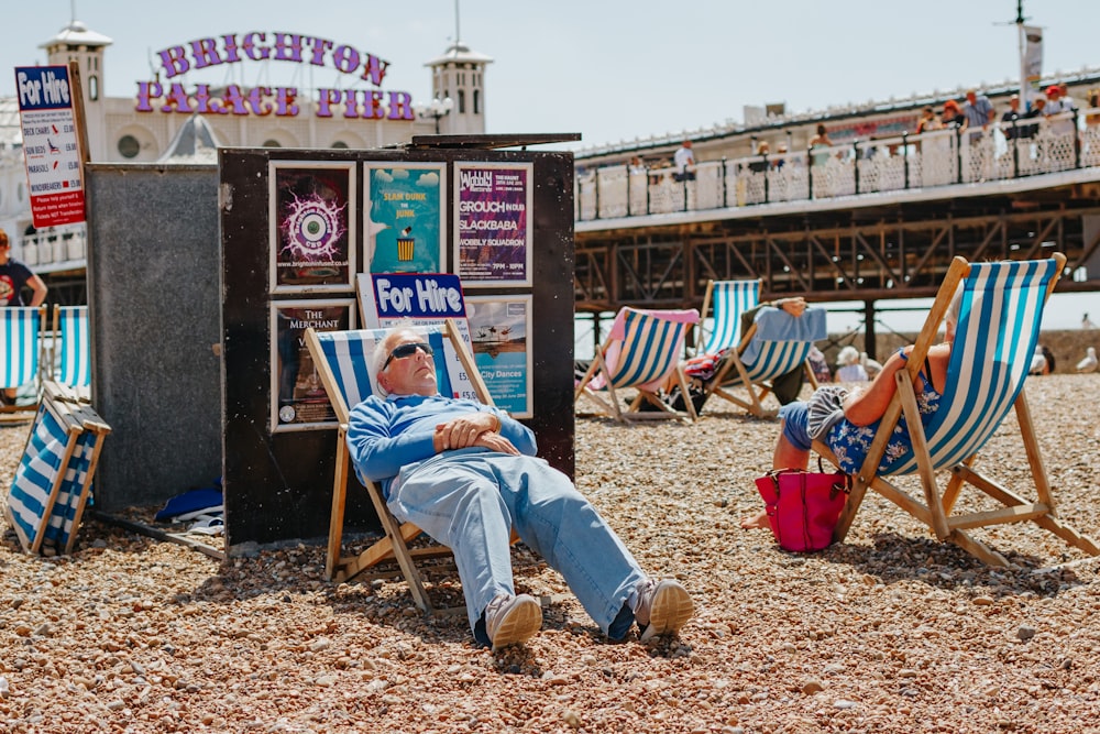 a man sitting in a chair on the beach