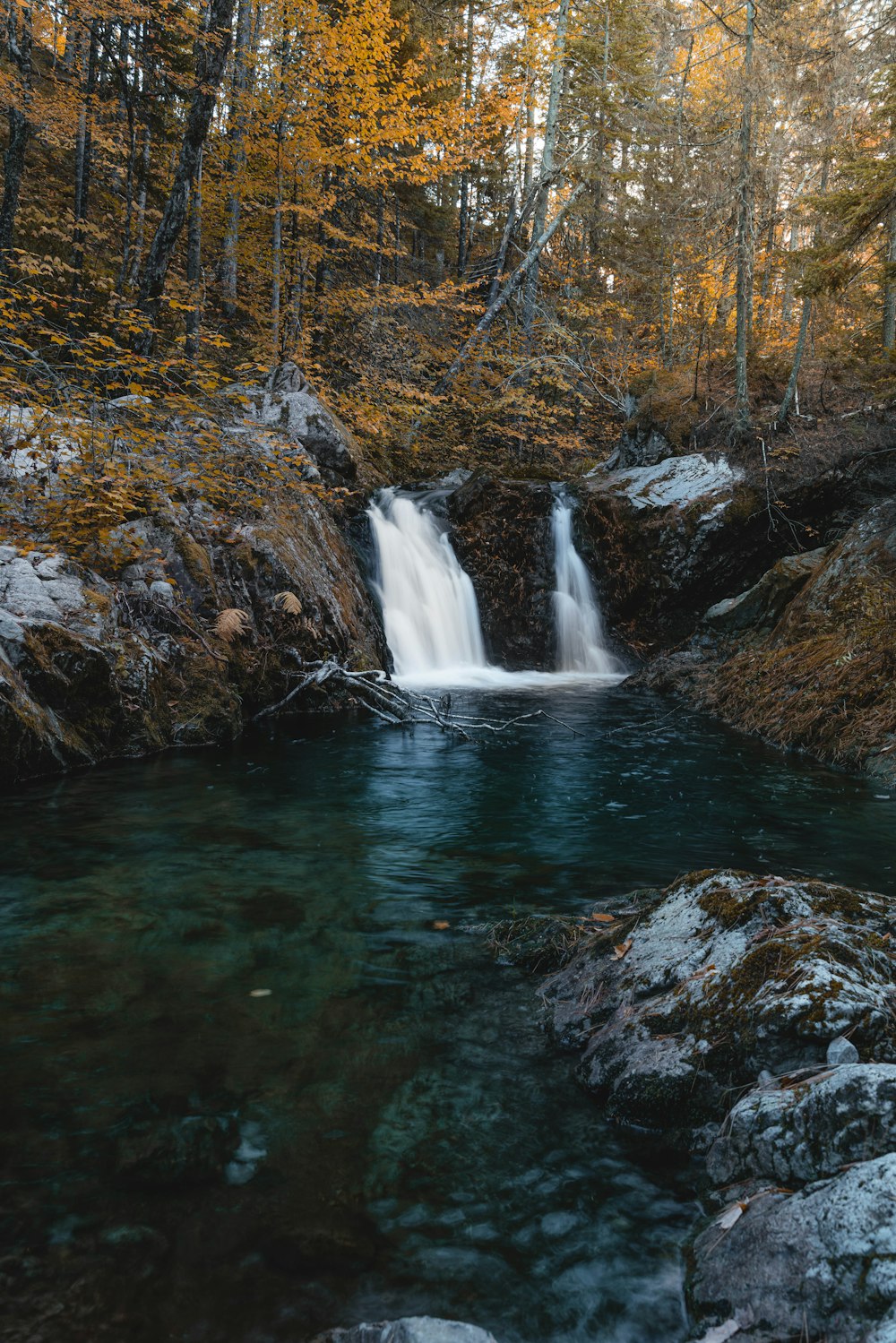 a small waterfall in the middle of a forest