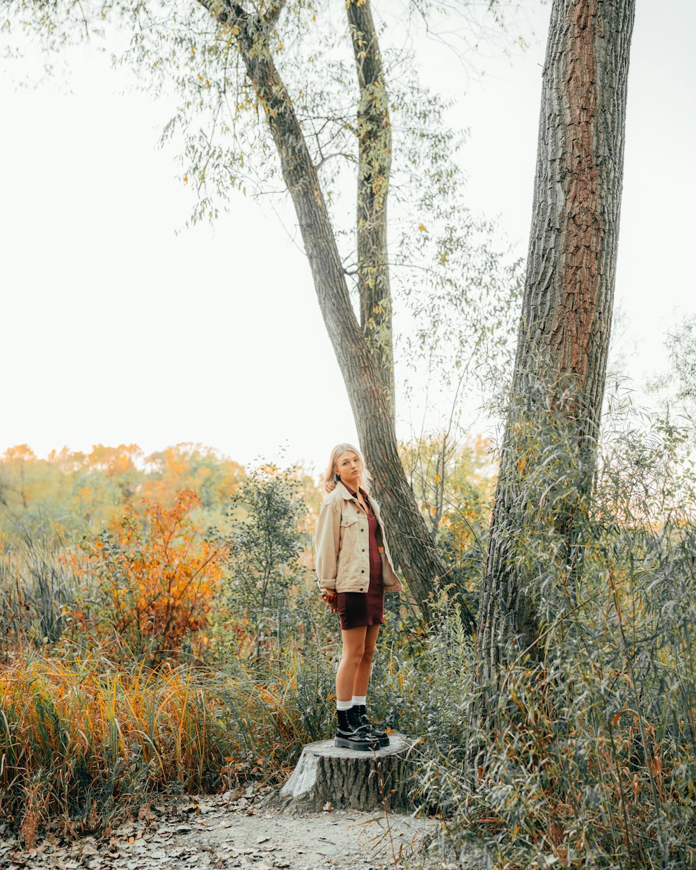 a woman standing on top of a tree stump