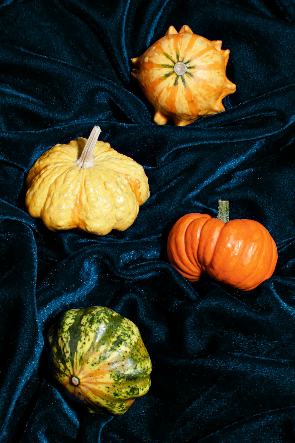 a group of pumpkins sitting on top of a blue cloth