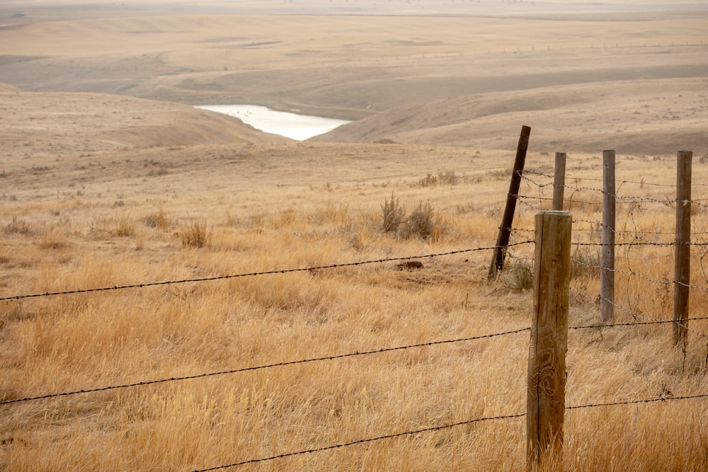 a field with a fence and a body of water in the distance