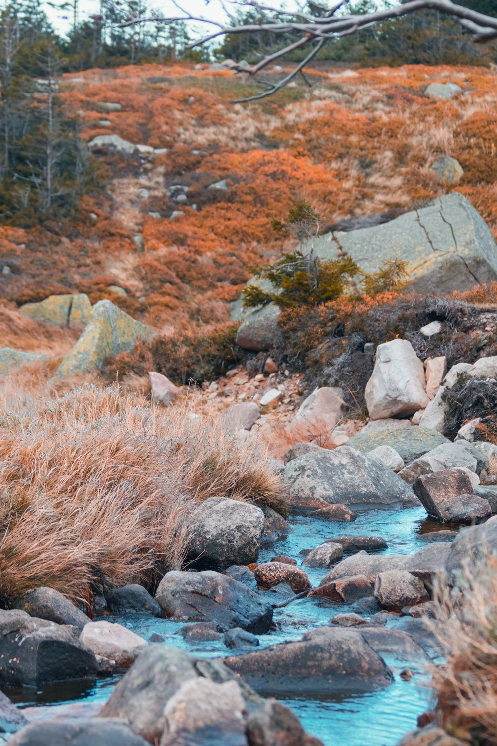 a stream of water running through a rocky hillside