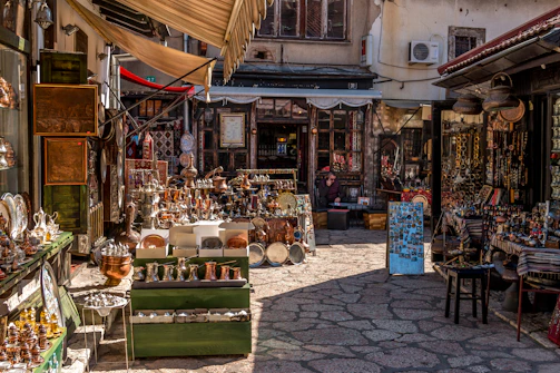 a market with lots of items on display