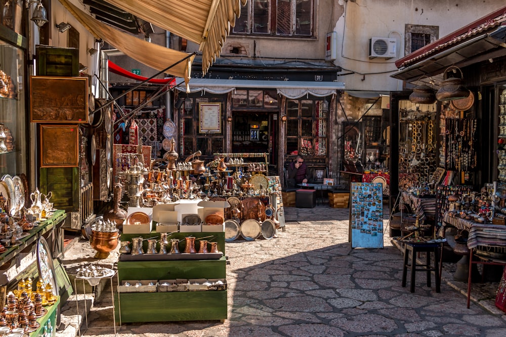 a market with lots of items on display