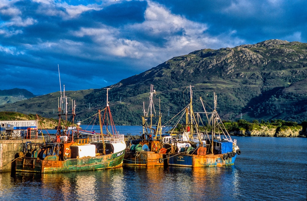 a group of boats that are sitting in the water