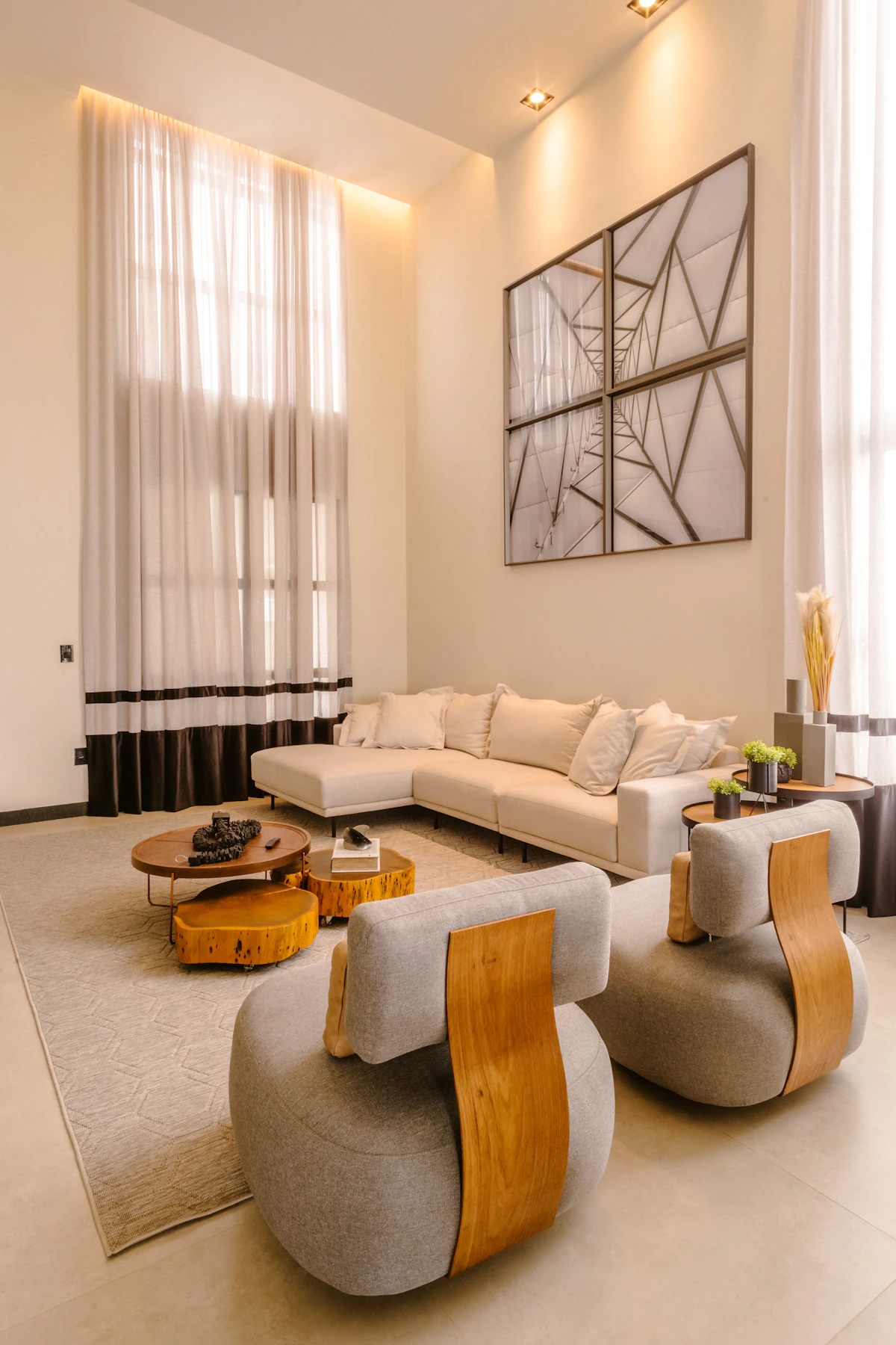 Beautiful interior design photograph showing a bright modern living room with natural light