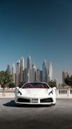 A sleek rental car parked in front of a modern city backdrop