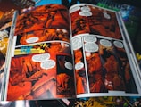 A comic book opened to a vibrant illustrated page.