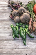 Behind-the-scenes image of riperoot team planning content around fresh vegetables a farmer just delivered.