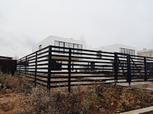 a black and white building sitting on top of a dry grass field