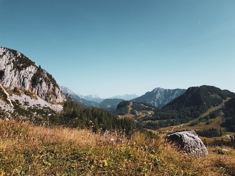 a view of a valley with mountains in the background