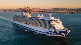 a large cruise ship in the ocean with a city in the background