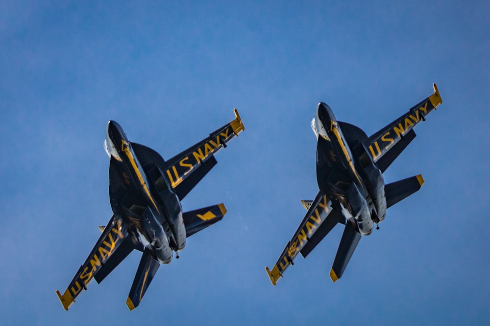 two fighter jets flying in the sky together