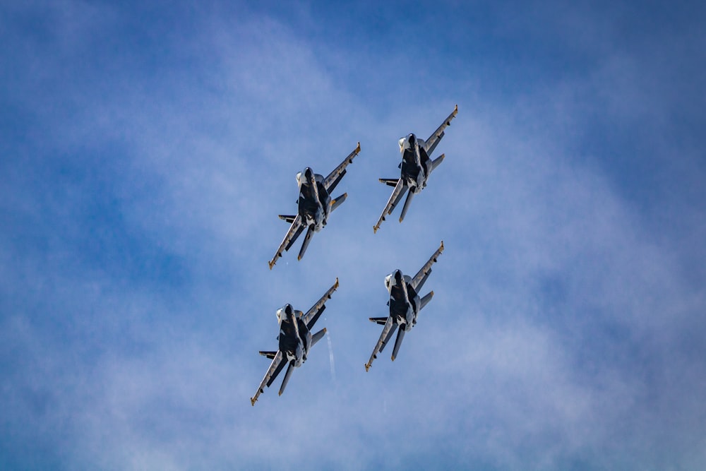 a group of fighter jets flying through a blue sky