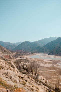 a view of a mountain range with a body of water in the distance