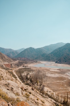 a view of a mountain range with a body of water in the distance