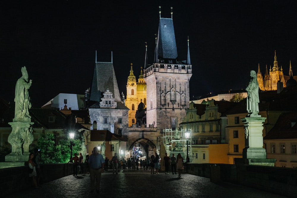 a group of people standing in front of a castle at night