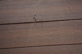 A large, detailed spider web is stretched across a wooden surface. The web is intricate and well-defined against the texture of the wood, which is composed of horizontal planks. The lighting casts slight shadows on the planks, accentuating the web's delicacy.