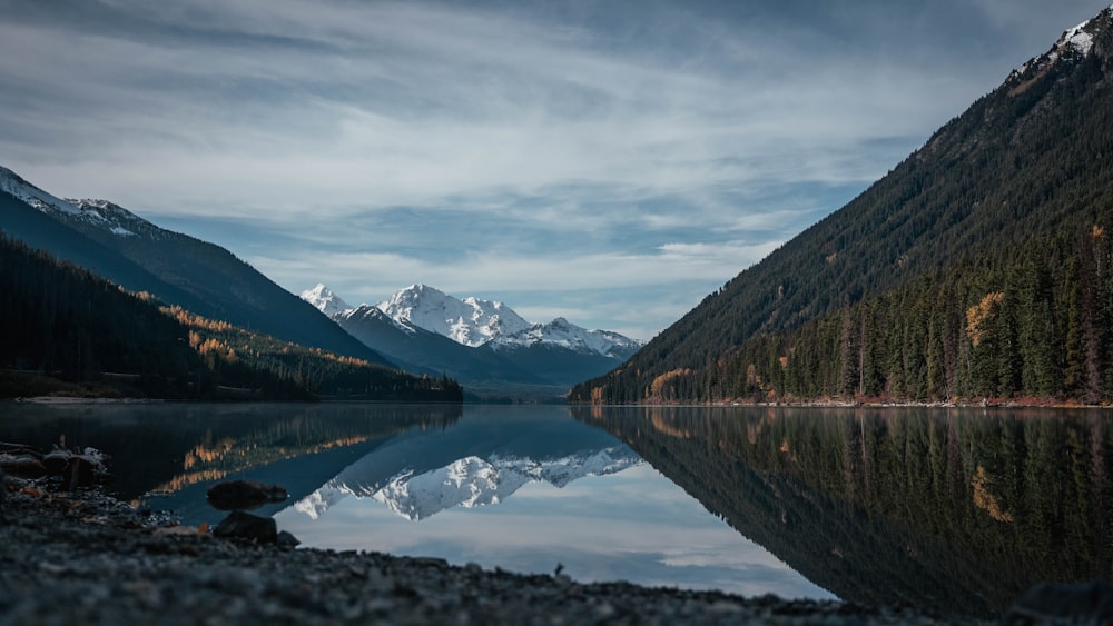 a lake surrounded by trees and mountains under a cloudy sky