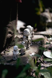 Softly lit shelves showcasing symbolic stones and small statues that invite reflection.