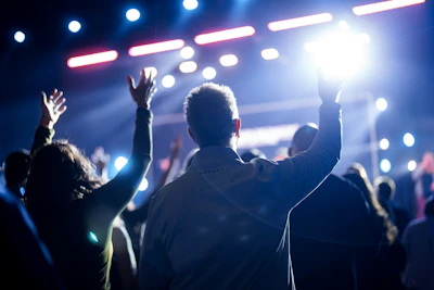 a crowd of people at a concert with their hands in the air