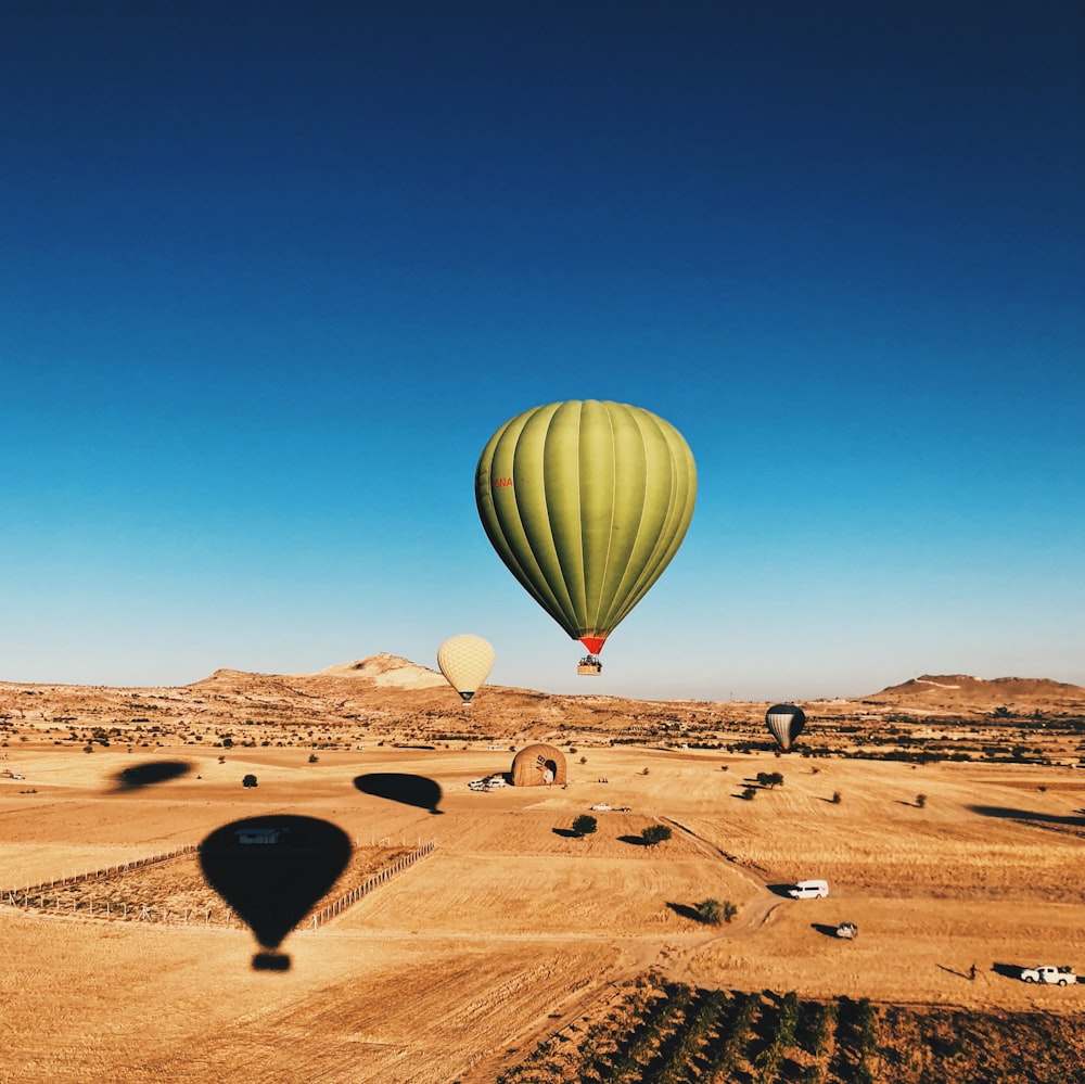 a group of hot air balloons flying over a desert
