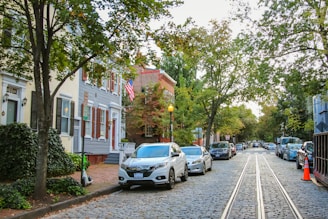 a street lined with parked cars and trees