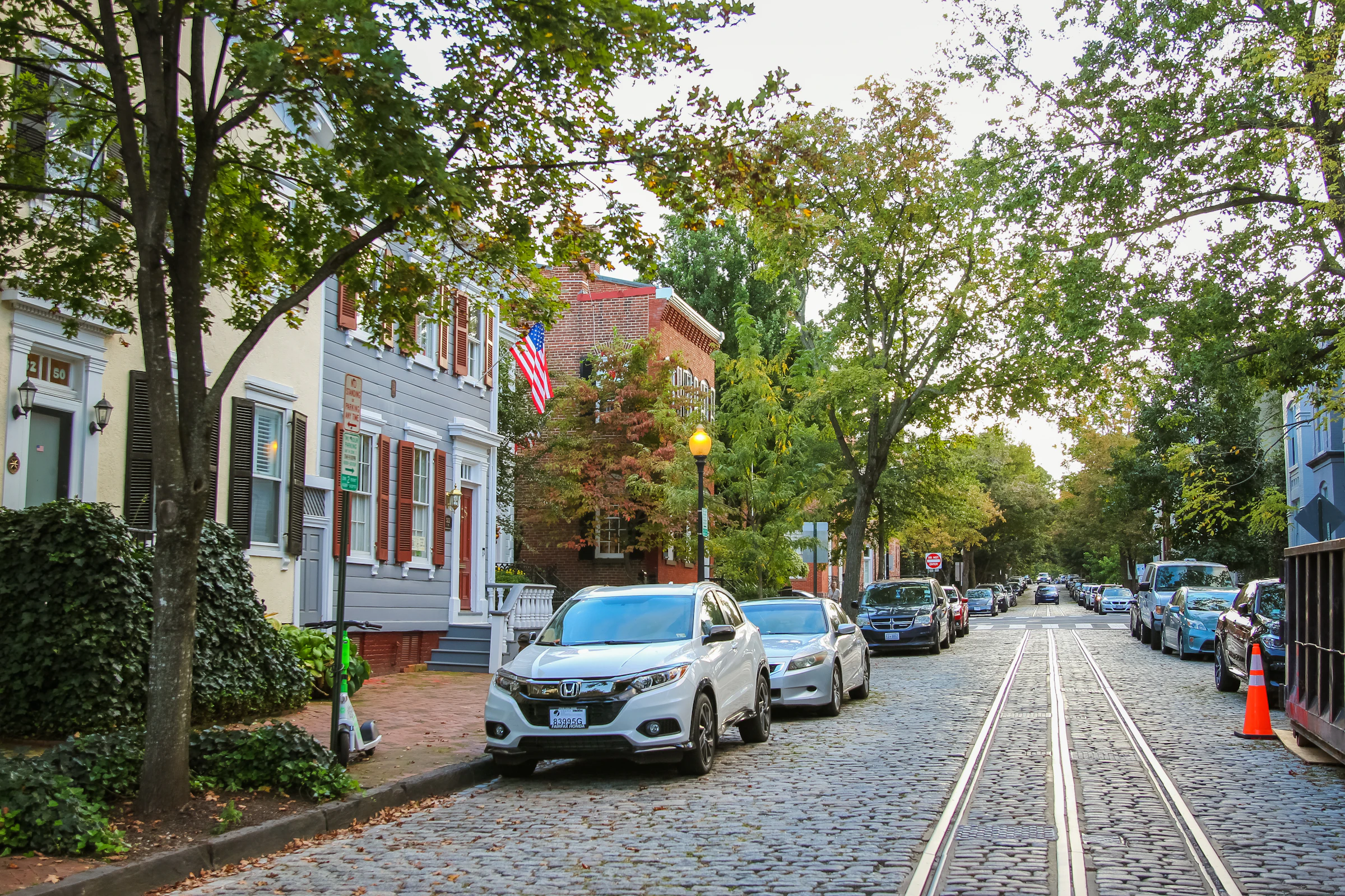A tree-lined residential street in Washington, DC