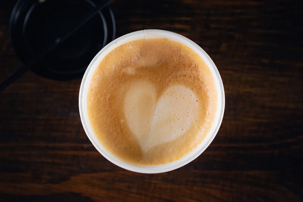 a cup of coffee sitting on top of a wooden table