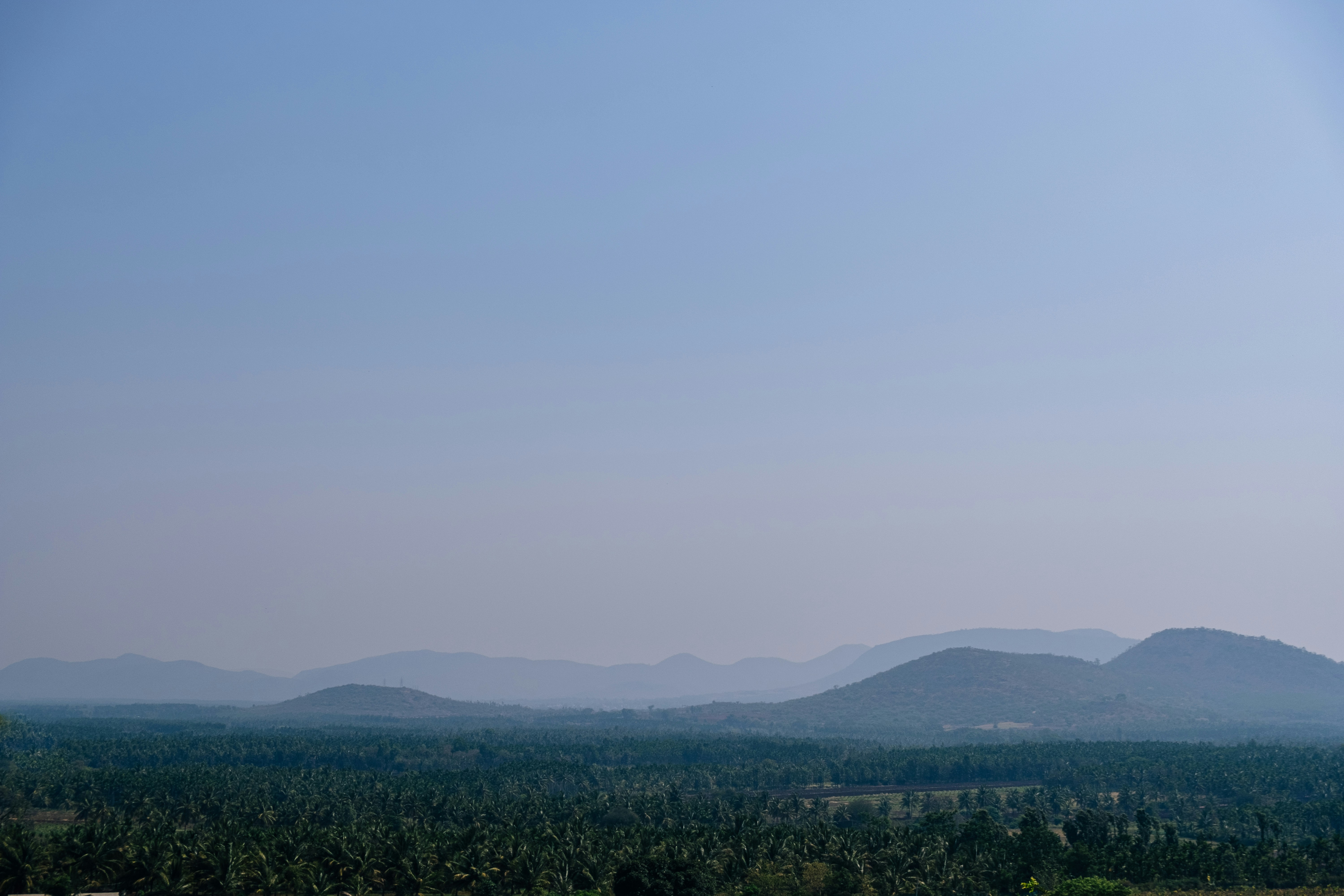 a view of mountains and trees from a hill, 