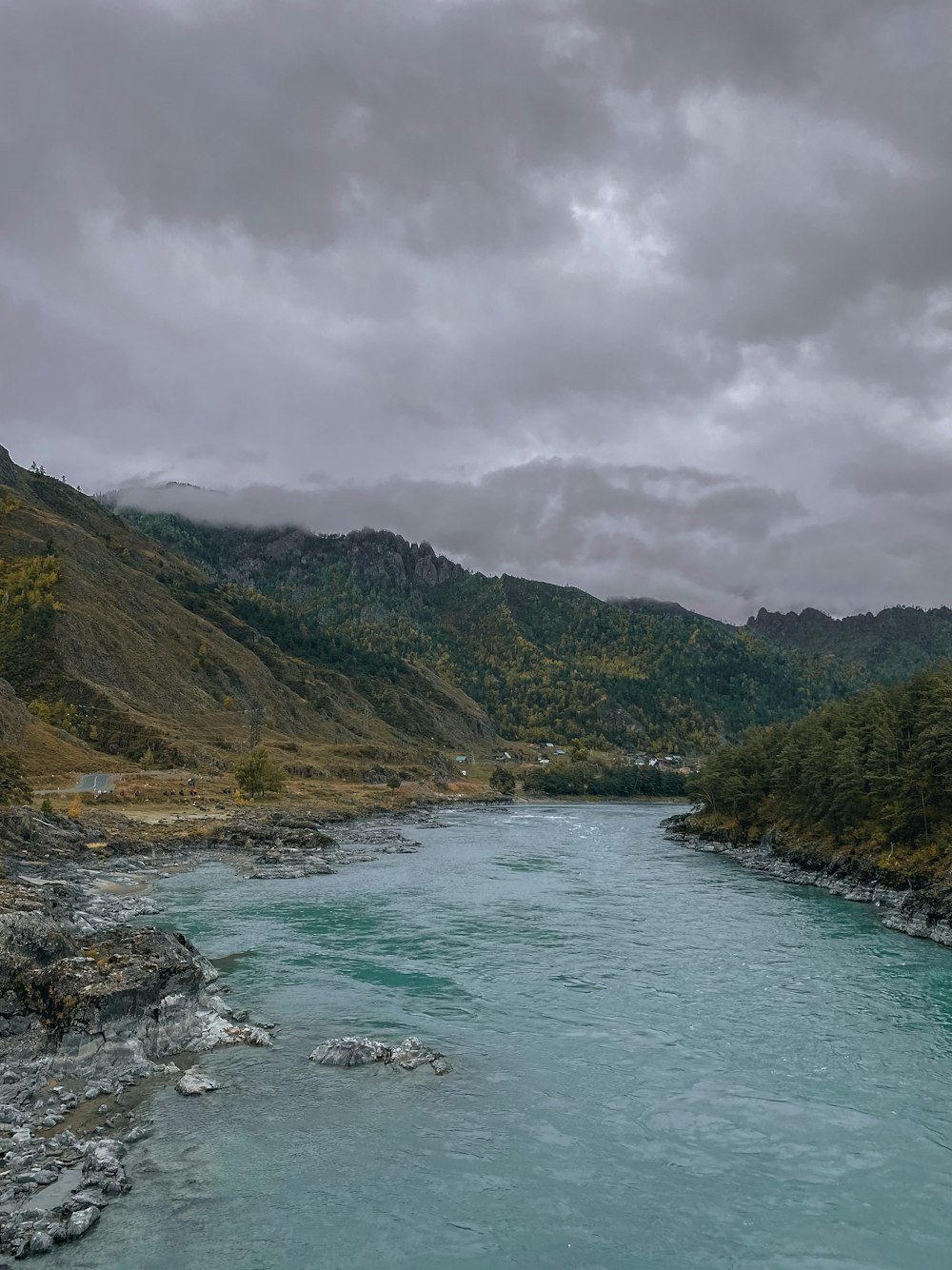 a river running through a lush green valley