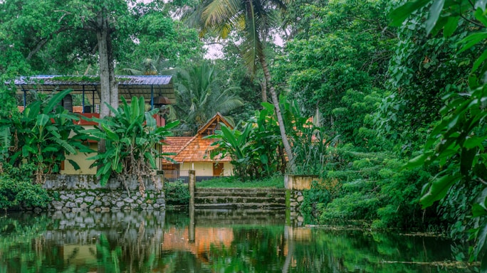 A serene landscape with lush green vegetation surrounding a small house with an orange-tiled roof. The house sits beside a calm body of water, reflecting the vibrant greenery. Tall palm trees and dense foliage create an enveloping natural setting.
