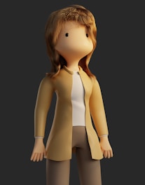 A simplistic 3D rendered character with blank, black oval eyes and no mouth, wearing a light brown jacket over a white shirt and brown pants. The character has shoulder-length light brown or blonde hair and stands against a dark, plain background.