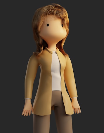 A simplistic 3D rendered character with blank, black oval eyes and no mouth, wearing a light brown jacket over a white shirt and brown pants. The character has shoulder-length light brown or blonde hair and stands against a dark, plain background.
