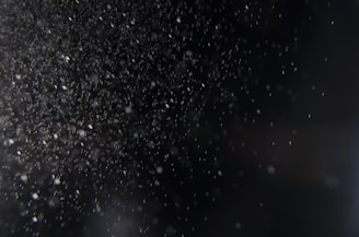 A multitude of small particles or dust is suspended in the air against a dark background, creating a sense of depth and texture.