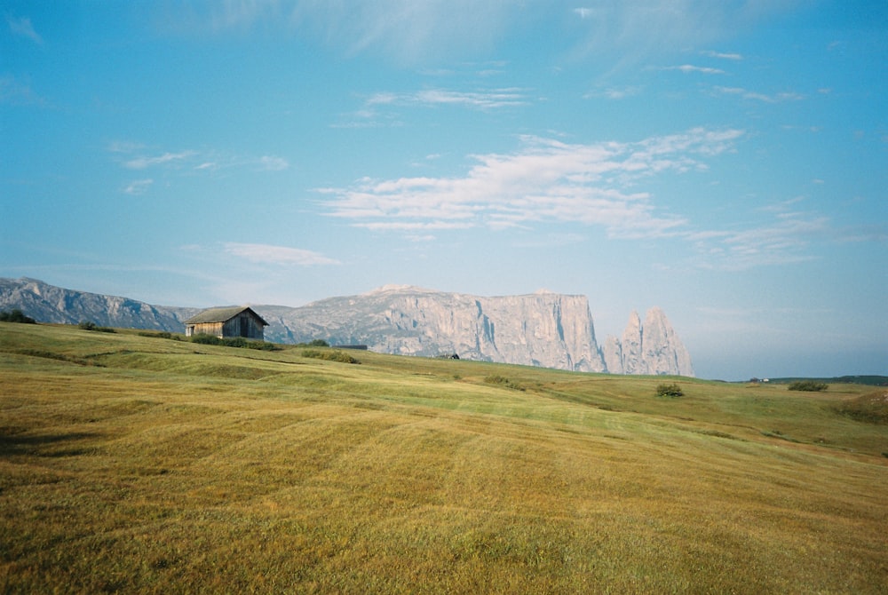 a grassy field with a house in the distance