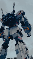 A large, humanoid robot with articulated joints and angular, armored plating stands prominently against a cloudy sky. The structure features intricate mechanical detailing and vibrant glowing lights accentuating its robust form.