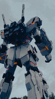 A large, humanoid robot with articulated joints and angular, armored plating stands prominently against a cloudy sky. The structure features intricate mechanical detailing and vibrant glowing lights accentuating its robust form.
