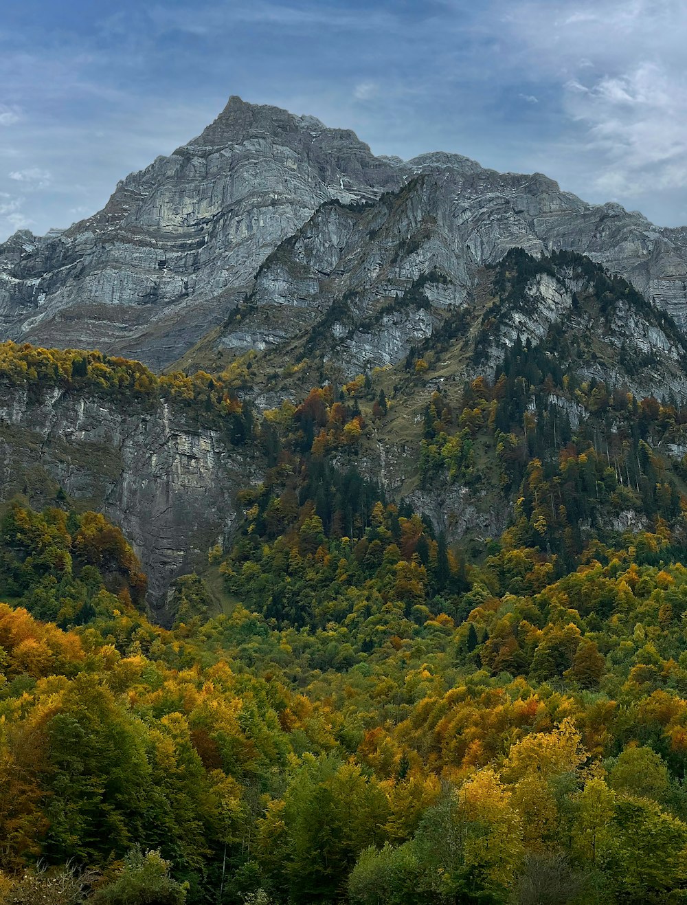 a mountain range with trees in the foreground and clouds in the background