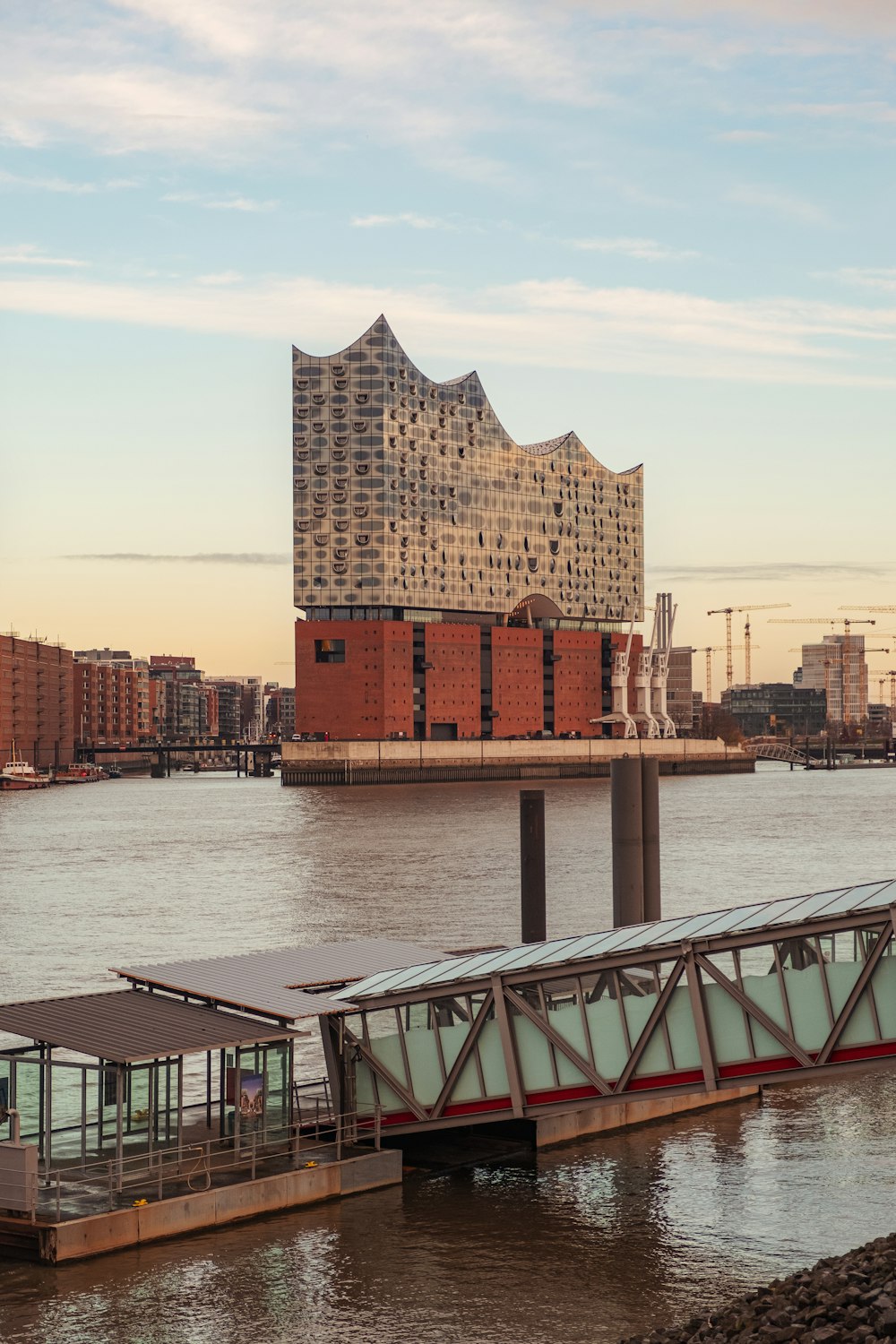 a boat dock with a building in the background