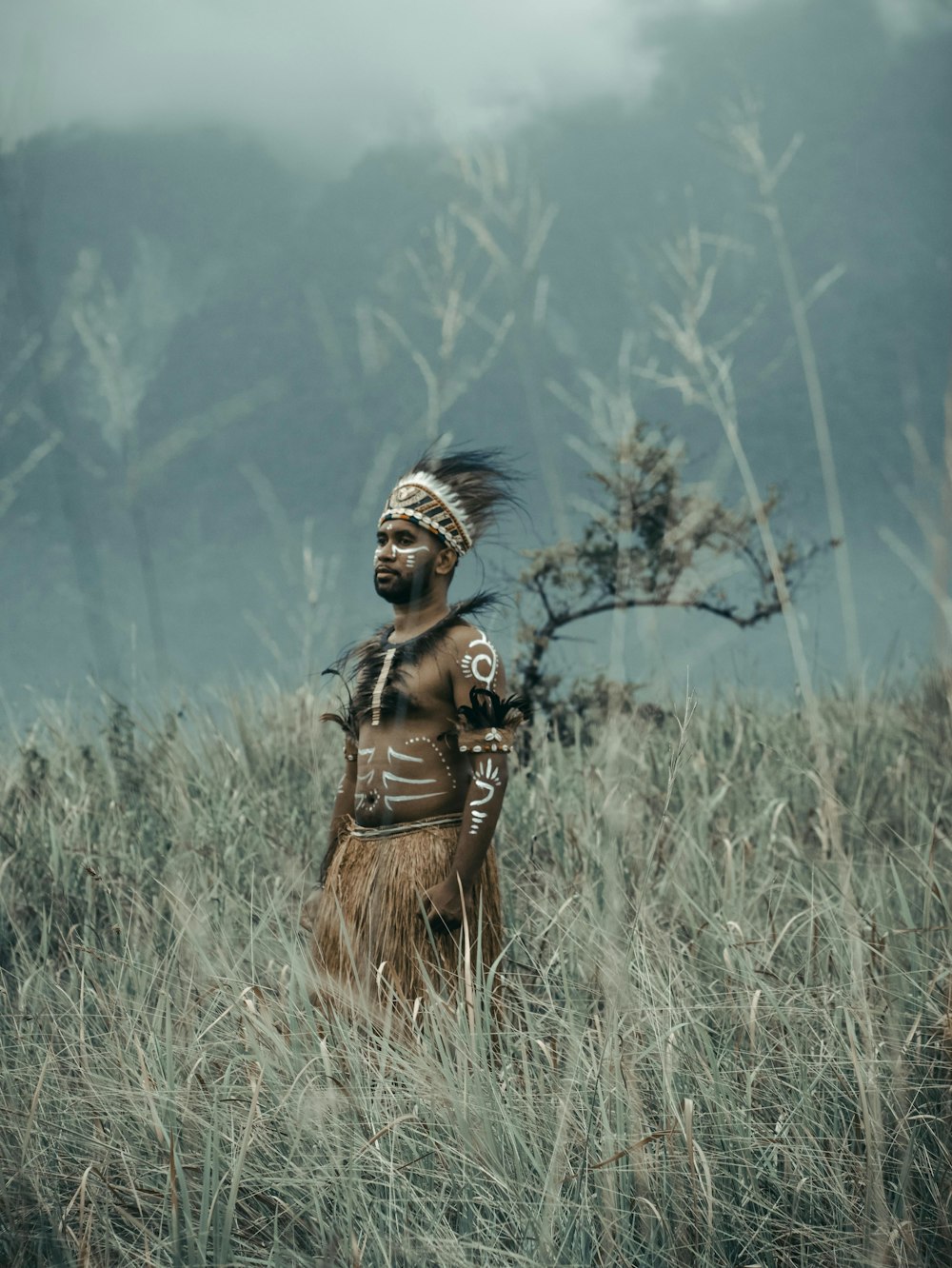 a native american man standing in a field