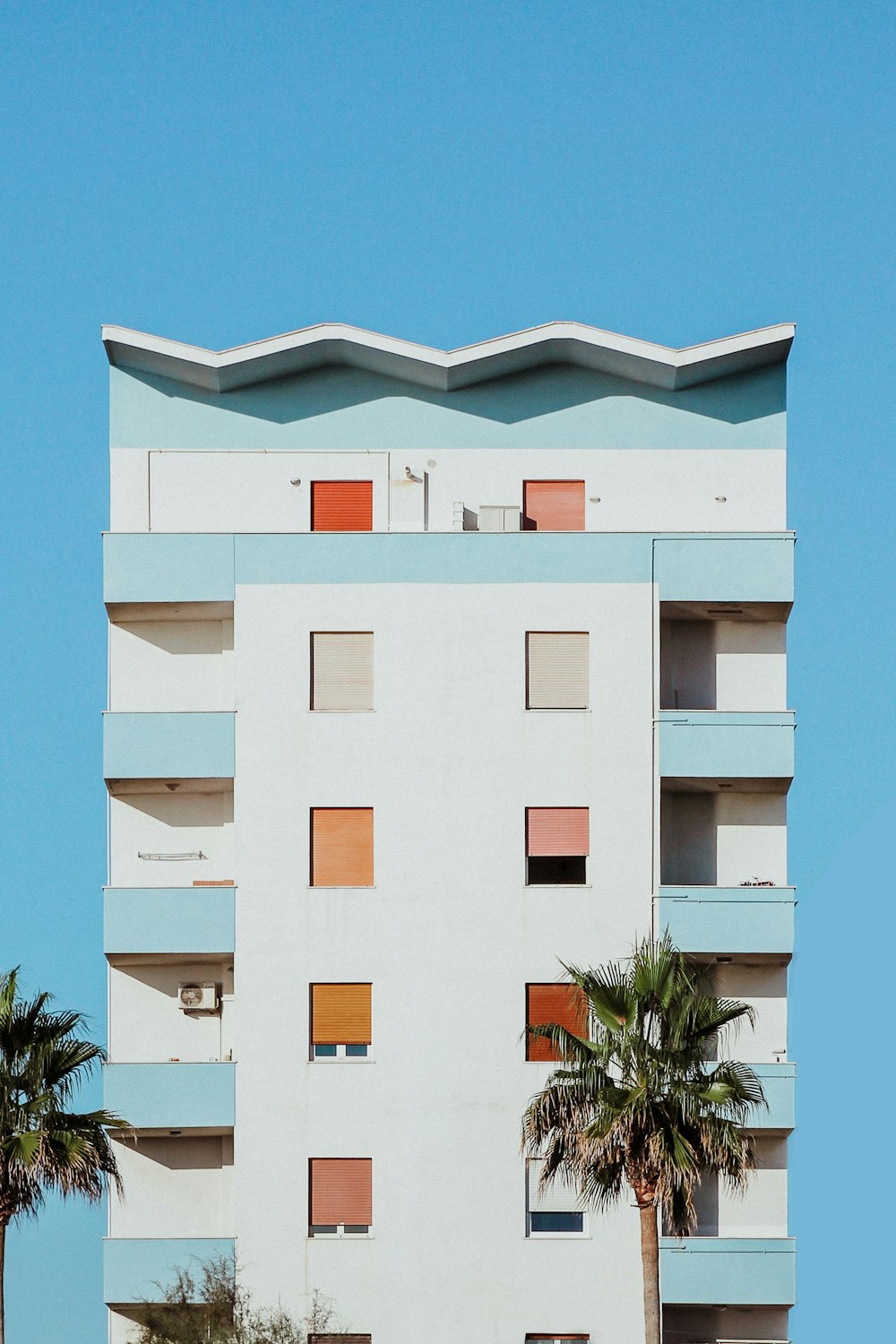 a tall white building with palm trees in front of it