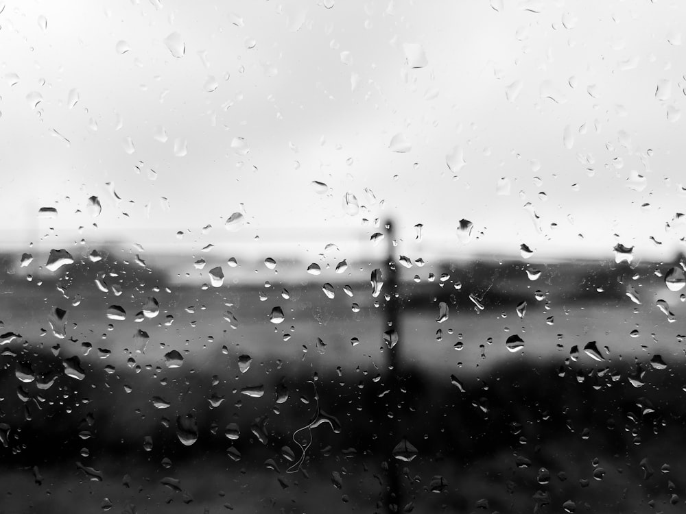 Ein Schwarz-Weiß-Foto von Regentropfen auf einem Fenster