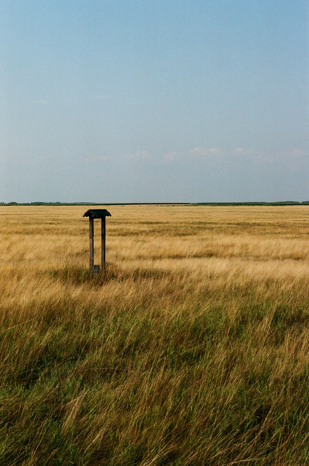 a field with a small structure in the middle of it