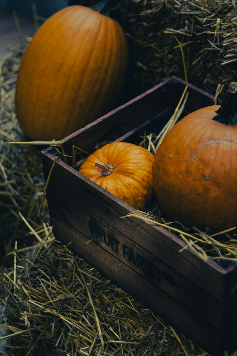 two pumpkins sitting in a wooden crate on hay