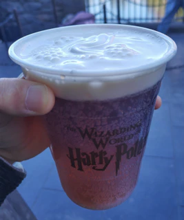 A hand holding a plastic cup filled with a frothy beverage. The cup features a logo from The Wizarding World of Harry Potter, and bubbles can be seen on the sides of the cup. The background is blurred and appears to be an outdoor setting.
